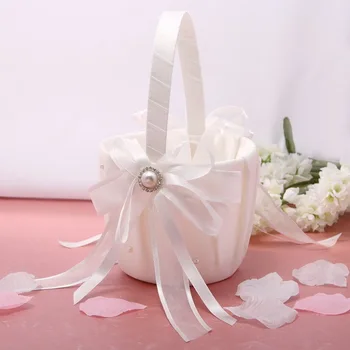 

25cm White Ivory Flower Basket in Satin With Ribbons Bowknot