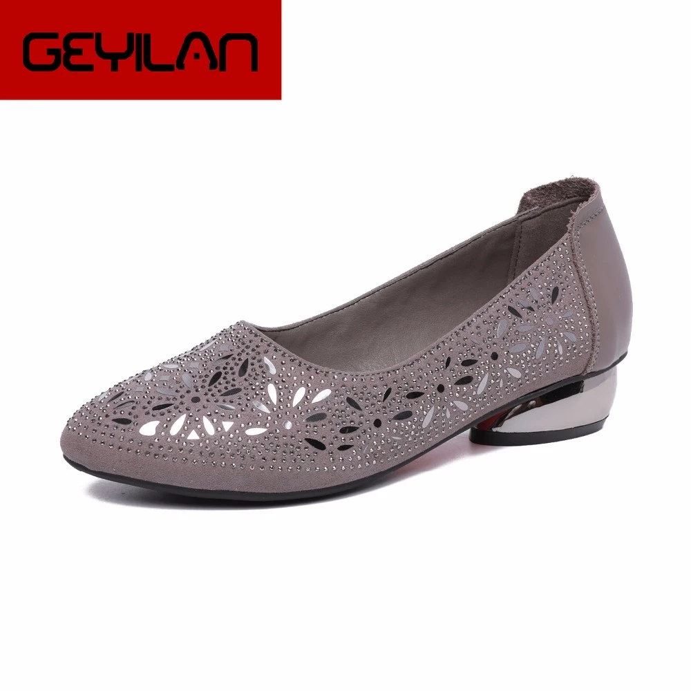 

2019 Crystal Low Heels Women shoes Soft Genuine Leather Female Shoes Women Slip On Footwear Square Heel Ladies Shoes