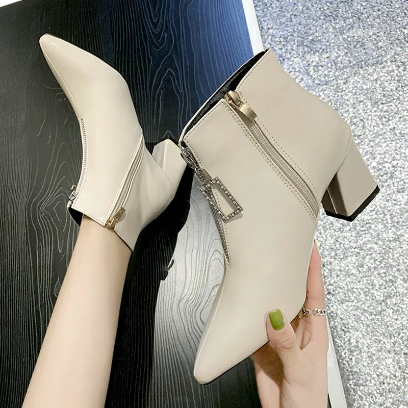 

Size 35-40 2019 New Arrivals Spring/Autumn Anckle Boots Women Pointed Toes High Heels Front Zip Shoes Woman Daily Dress Booties