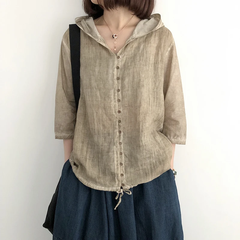 

Women Cotton Linen Hooded Blouse 2019 Spring Summer New Sunscreen Three Quarter Sleeve Korean Big Size Loose Shirt Yoyikamomo