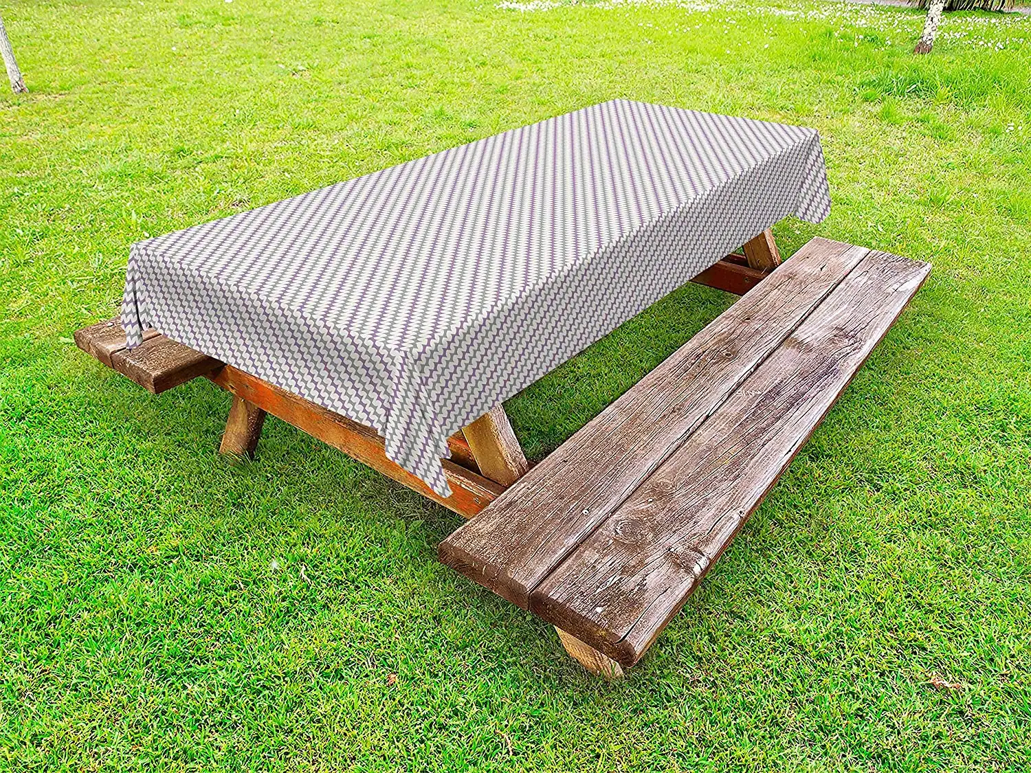 Purple and Grey Outdoor Tablecloth Diagonal Wavy Stripes Design Abstract Ornate Herringbone Zigzags Decor Picnic Table Cloth | Дом и сад