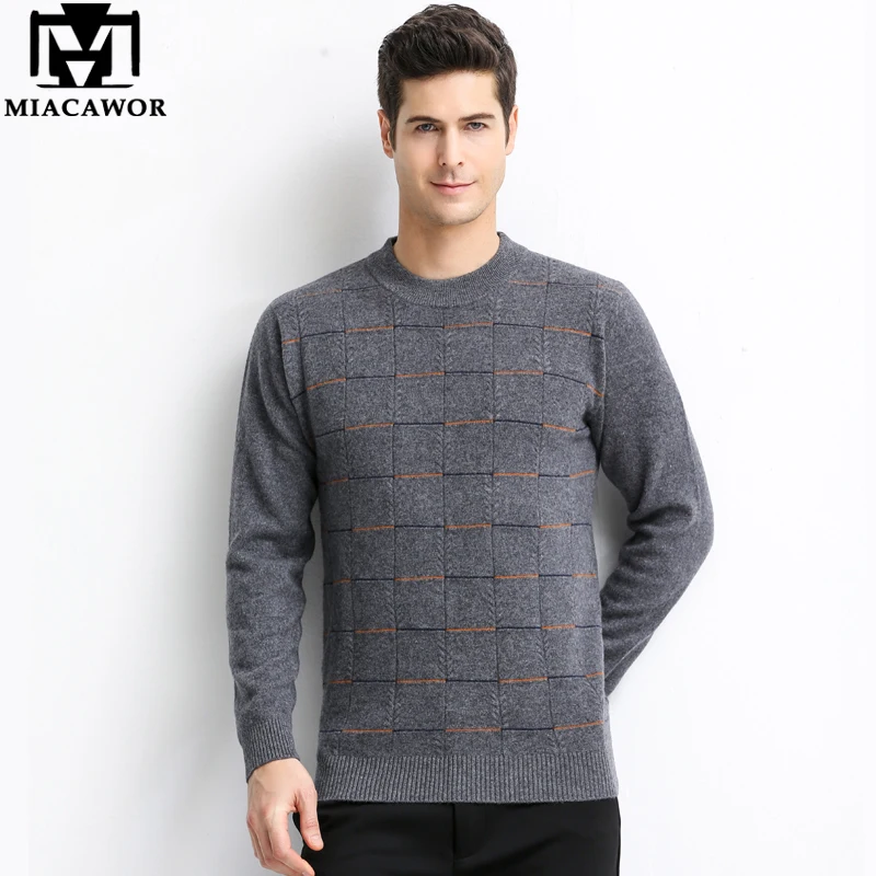 MIACAWOR Top Quality 100% Wool Sweater Men Fashion Plaid Pullover O-Neck Winter Warm Cashmere Pull Homme Y220 | Мужская одежда