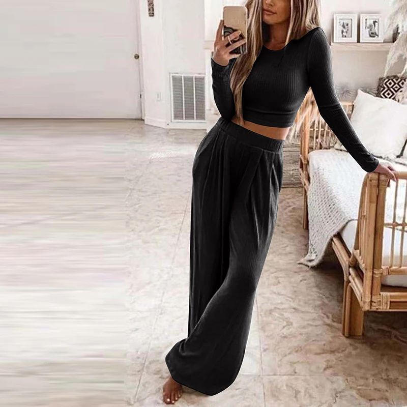 suit set Autumn Women's Solid Knitted Casual Home Wear Slim Tops Two-Piece Wide Leg Pants Set Ladies Clothes Winter Fashion Commuter Suit skirt suit set