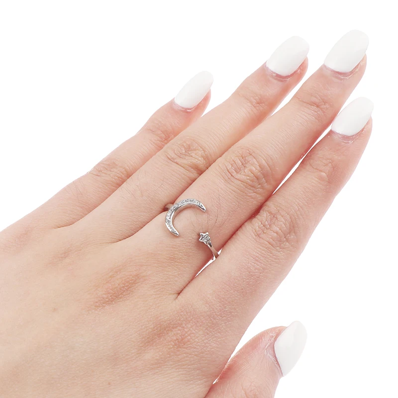 1Pcs 925 Sterling Silver Minimalist Zircon Moon Star Opening Ring For Charming Women Party Fine Jewelry Cute Gift