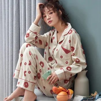 

Korean Autumn Nightwear Sweet Lovely Fresh Printed Cotton Pajamas-sets Women's Long-sleeved Cardigan Casual Home Wear Sleepwear