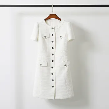 

France style Women elegant white short sleeves tweed dress High quality women's O-neck tweed dress C247