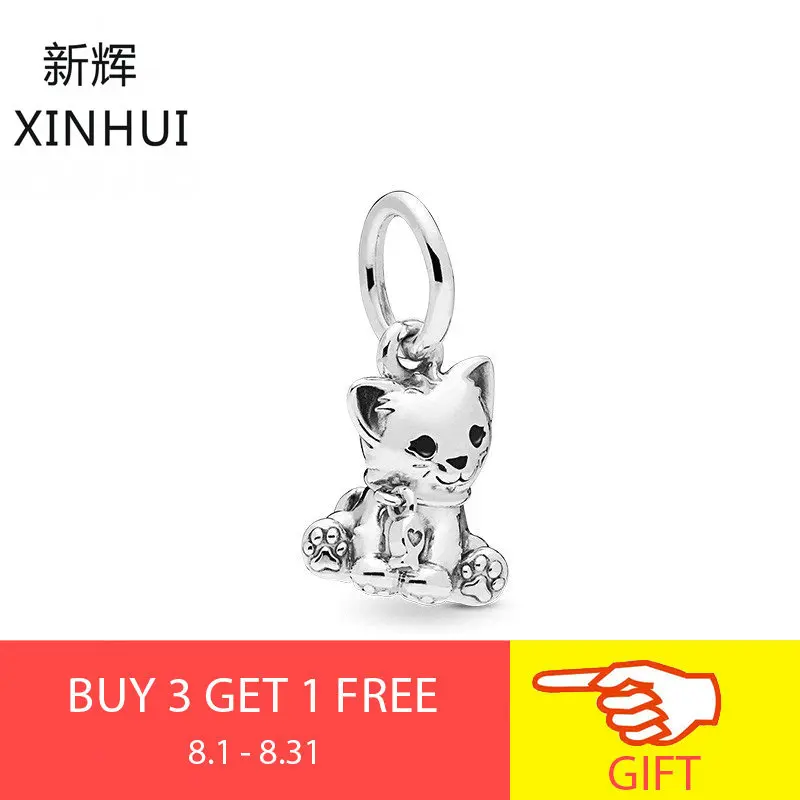 

XINHUI 2019 NEW Arrival 100% 925 Sterling Silver SWEET CAT HANGING CHARM for Women Children fit Bracelet DIY Jewelry Gifts