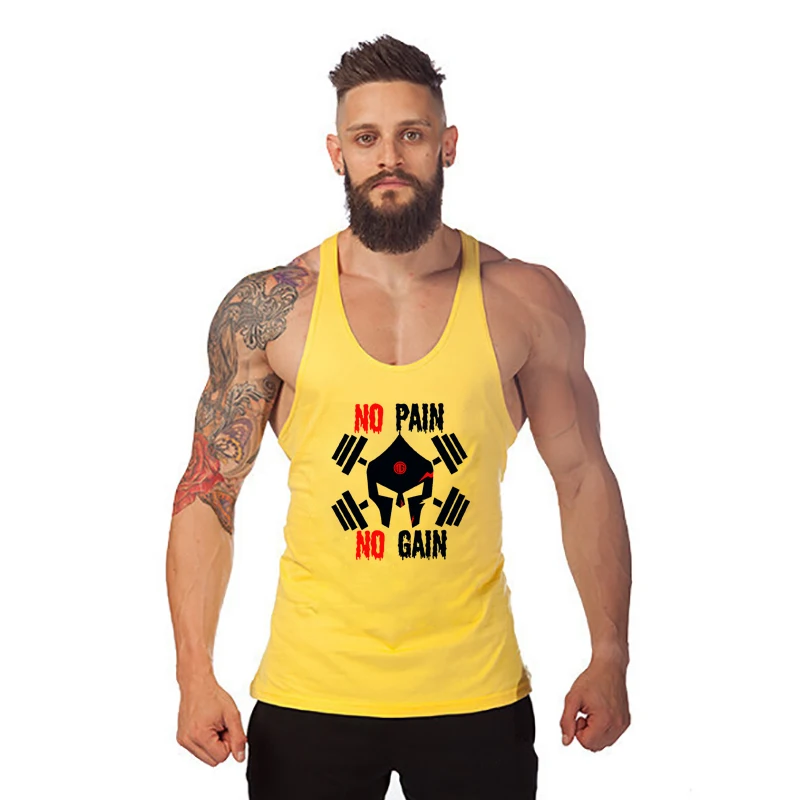 Bodybuilding Stringer Tank Top Mens Gyms Clothing Fitness Men Y Back Cotton Weightlifting Muscle Vest Training Sleeveless Shirt - Цвет: Цвет: желтый