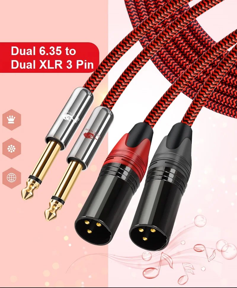 2 x Male XLR to 2 x 6.35mm 1/4" Mono Jack Twin Lead Audio Signal Patch Cable 