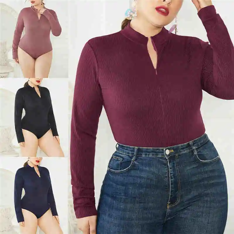 Sexy V Neck Knitted Bodysuit Women Solid Long Sleeve Oversizd Rompers Womens Zipper Jumpsuit Casual One-pieces Bodysuits