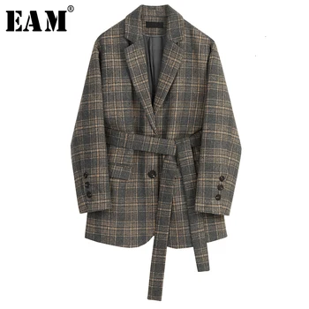 

[EAM] Women Plaid Bandage Big Size Woolen Blazer New Lapel Long Sleeve Loose Fit Jacket Fashion Spring Autumn 2020 19A-a71