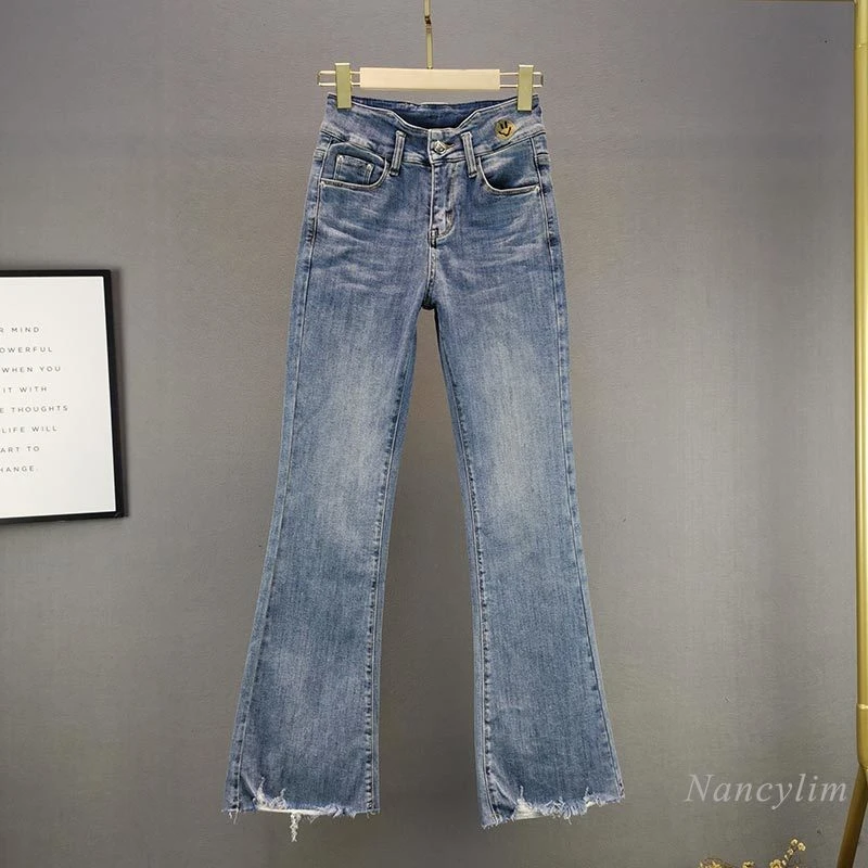 Pantalones acampanados para mujer, Vaqueros elásticos de algodón azul a la moda europea, de cintura alta, primavera otoño, 2021|Pantalones vaqueros| - AliExpress