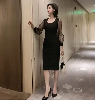 

Autumn Fashion Women Sexy Black Pencil Dress Square Square Mesh Long Sleeve Bodycon Dress Vestidos
