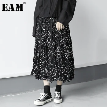 

[EAM] High Elastic Waist Black Dot Printed Pleated Temperament Half-body Skirt Women Fashion Tide New Spring Autumn 2020 1X080
