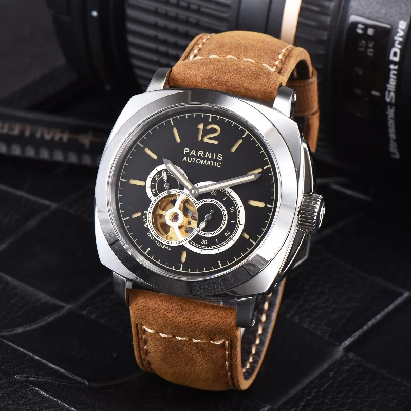 

Parnis 44mm Automatic Watch Men Skeleton Men's Mechanical Watches Miyota Movement Luminous Leather Strap 100M Waterproof Watch