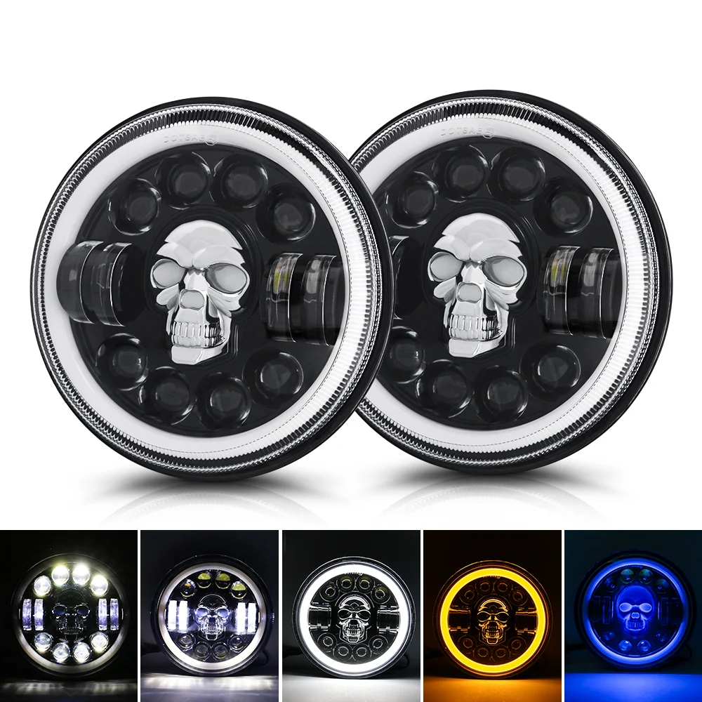 

LED Headlight Assembly 7 Inch Car Motorcycle Accessories H4 Headlight Bulbs RGB Skull Angel Eye Light Fog Lamp For BMW Ford Jeep