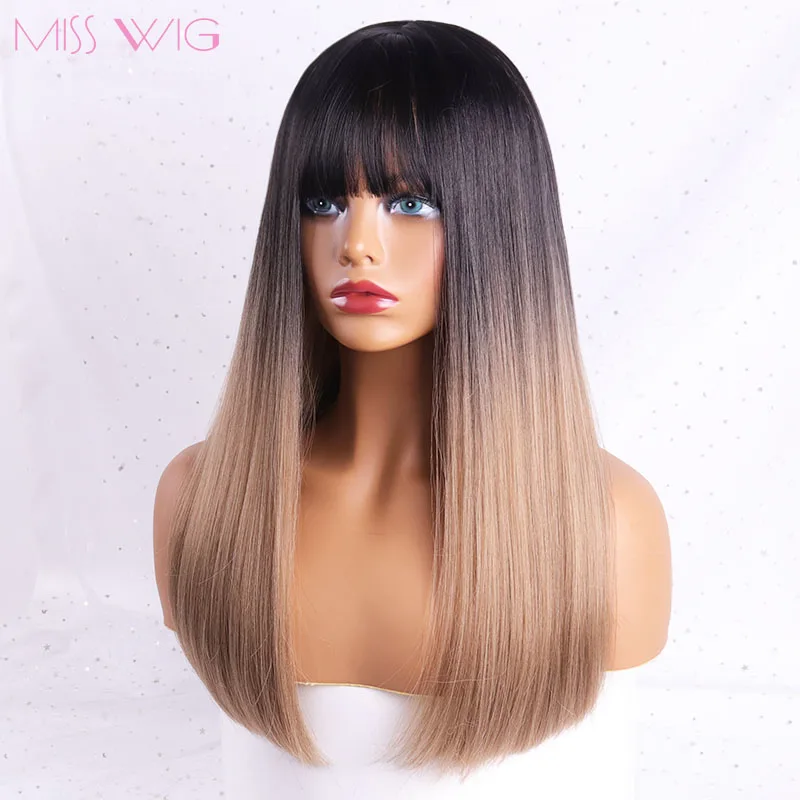 

MISS WIG 18" Long Synthetic Wig with Bangs Dark Root Ombre Color Natural Headline Heat Resistant Hair Wigs for Wome
