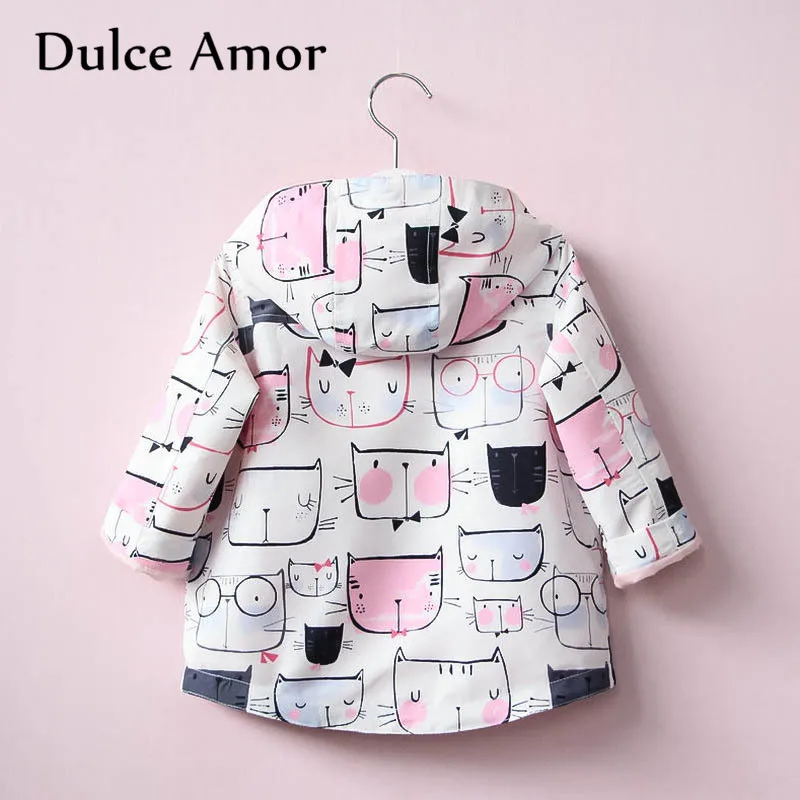 Dulce Amor/осеннее пальто для девочек; детская куртка с длинными рукавами и рисунком граффити; Верхняя одежда с капюшоном; ветровка с цветочным принтом; плащ-Тренч