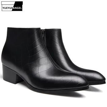 

Autumn Winter Pointed Toe Genuine Leather Boots Men Fashion Side Zipper Formal High Heels Ankle Boots Footwear Male Black/White
