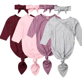 

0-6Y Newborn Baby Infant Solid Swaddle Sleeping Bag Sack Wrap Headband 2Pieces Set For Infant Warmer Autumn Clothes