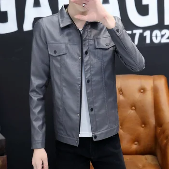 

2020 young man new grey PU leather jacket double breast pocket trend of cultivate one's morality locomotive leather coat lapels