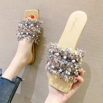 

String Bead Shoes Woman 2020 Lady Fringe Woman's Slippers Luxury Slides Girl New Flat Soft Designer Fabric PU Basic Rubber