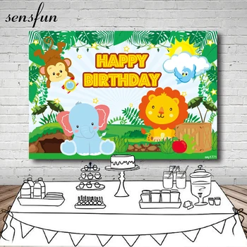 

Sensfun Jungle Safari Party Backgrounds Cartoon Lion King Elephant Monkey Animals Boys Birthday Photography Backdrop 7x5ft Vinyl