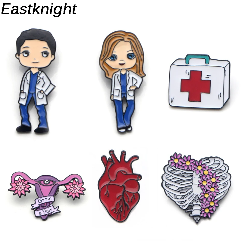 

K499 Grey's Anatomy Nurse Doctor Enamel Pins Brooches Badge First Aid Kit Heart Skull Uterus Meredith Gray Medical Jewelry 1pcs