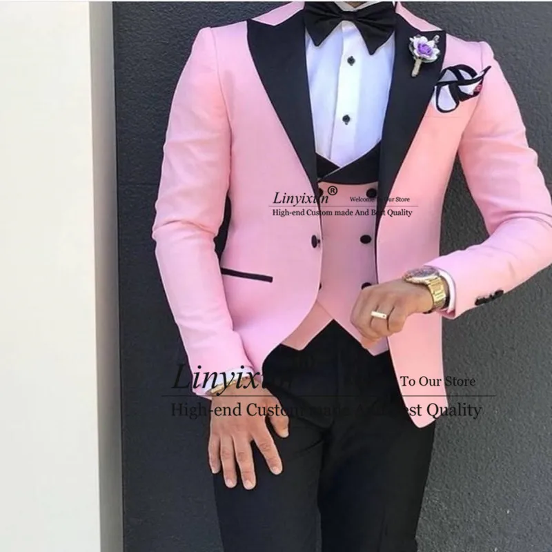 Green With Black Lapel Wedding Suits for Men Slim Fit Groom Tuxedos 3 Pieces Set Mens Suit Terno Masculino(Jacket+Pant+Vest)