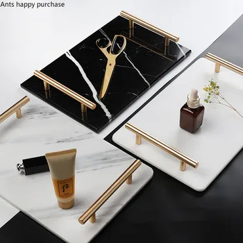

Nordic Natural Marble Rectangular Tray Metal Handle Home Jewelry Cosmetic Sort Out Storage Tray Desktop Decoration Show Plate