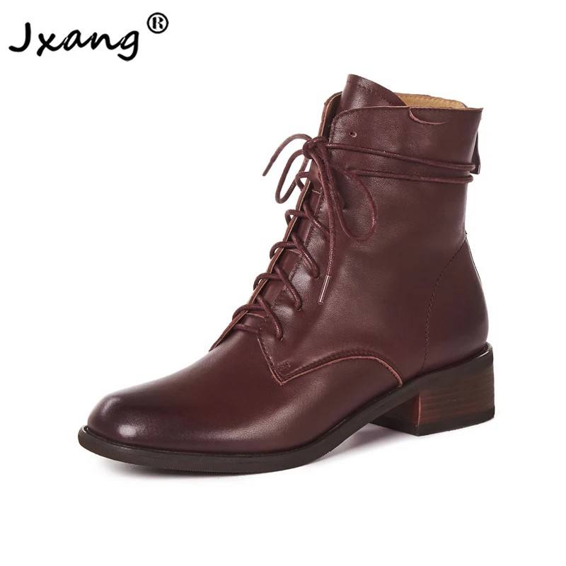 

JXANG Retro British style Comfortable High Quality Cowhide Ankle Boots Women Warm Booties Woman Lady shoes large size casual