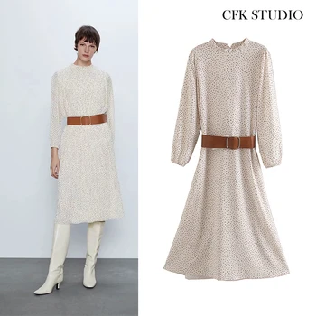 

ZA 2020 New Summer Women Mididress with O-neck Dot Print Ruffles Long Sleeve Elegant Dress Femme Loose MidiDress Vestido