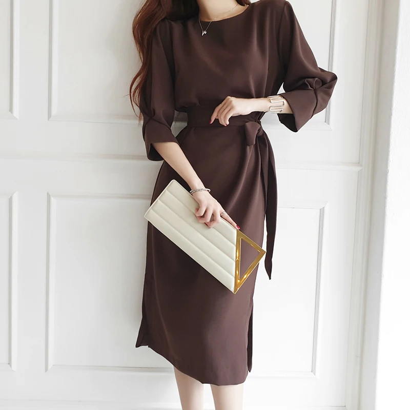 

Autumn Elegant Simple Office Women Midi Dress Solid Color Three-Quarter Sleeve Loose Lace-Up Slit Dress Female Vestidos
