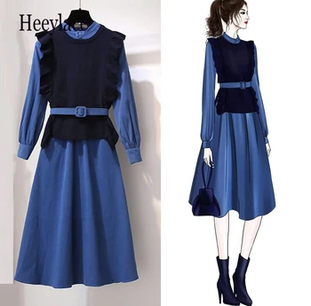 

Knitted vest women 2 piece set Korean style long dress office ladies elegant winter dress 2 piece outfits blue 2pcs dress