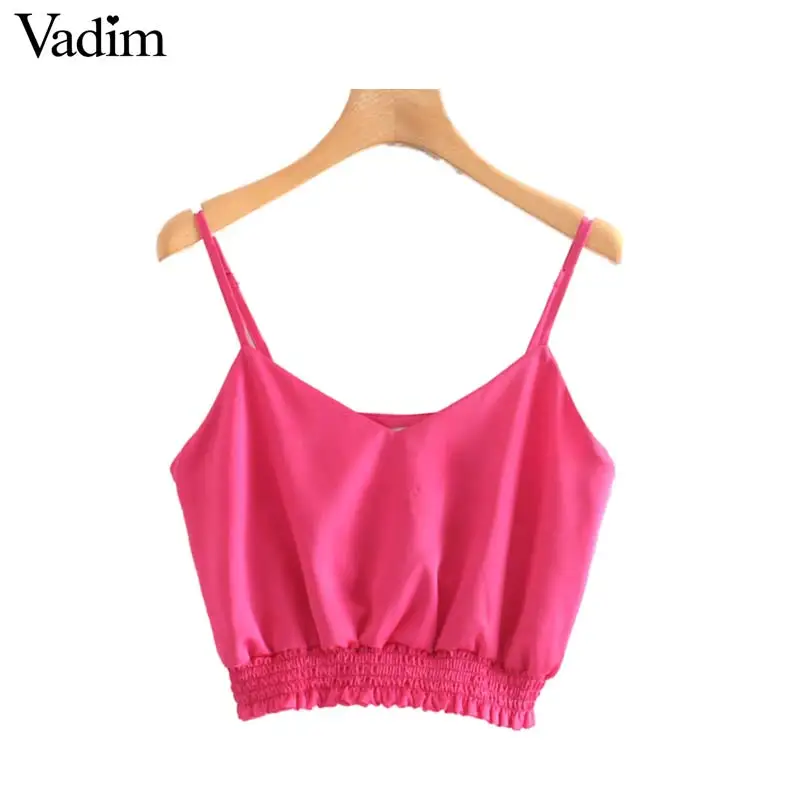 

Vadim women sexy solid short camis V neck side zipper adjustable straps backless crop top elastic waist lady chic blouses WA455