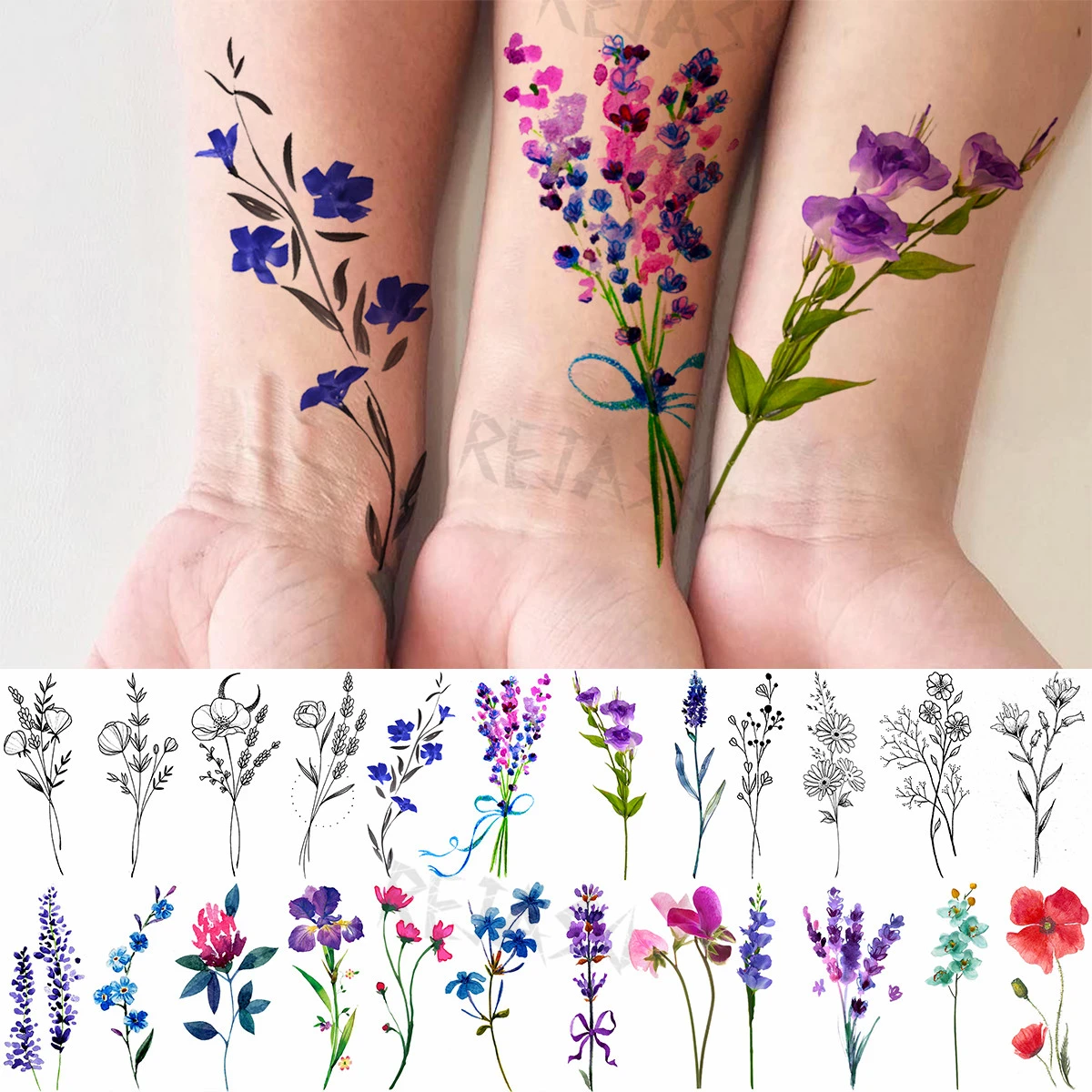 Small Colored Lavender Hyacinth Temporary Tattoos For Women Girl Peony Daisy Fake Tattoo Body Art Painted Washable Tatoo Sticker Temporary Tattoos Aliexpress