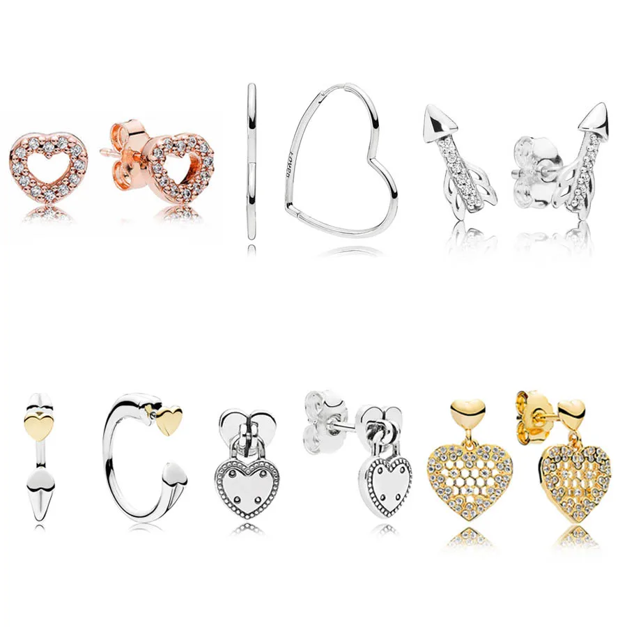 

Rose Captured Asymmetric Hearts of Love Arrow 925 Sterling Silver Earrings Studs For Women Wedding Gift Europe DIY Jewelry