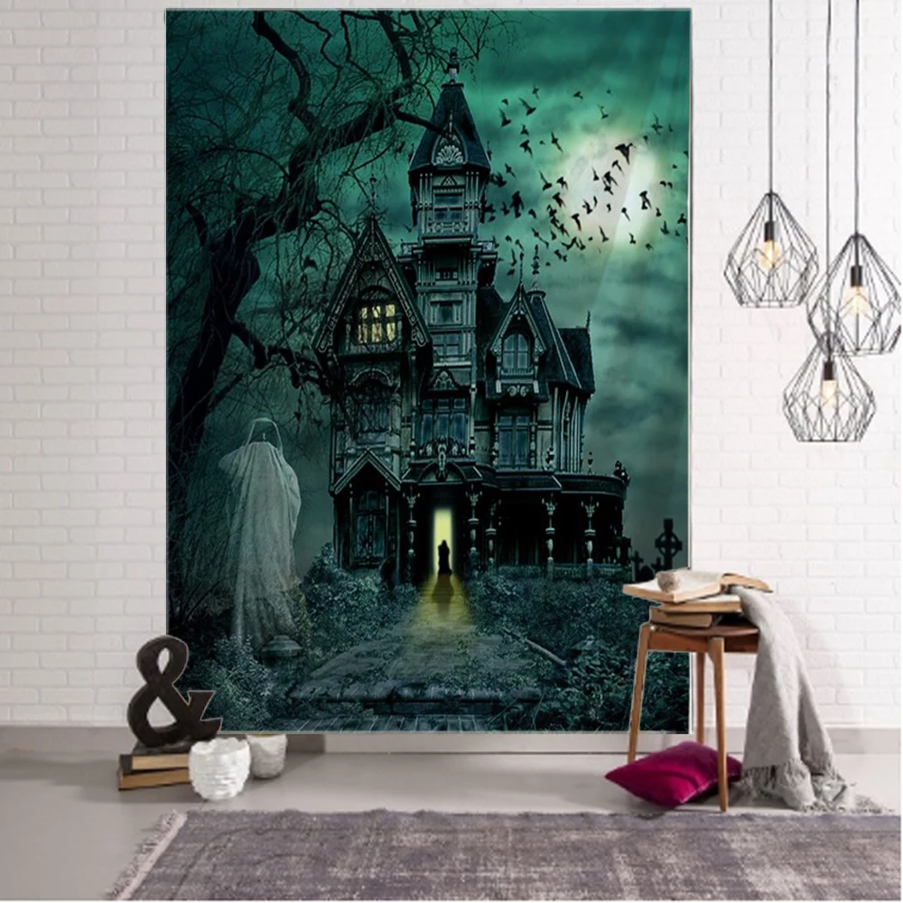 

Halloween Tapestry Art Blanket Curtain Hanging Home Bedroom Living Room Decoration Ghost Scary Pumpkin Skull Bat Castle