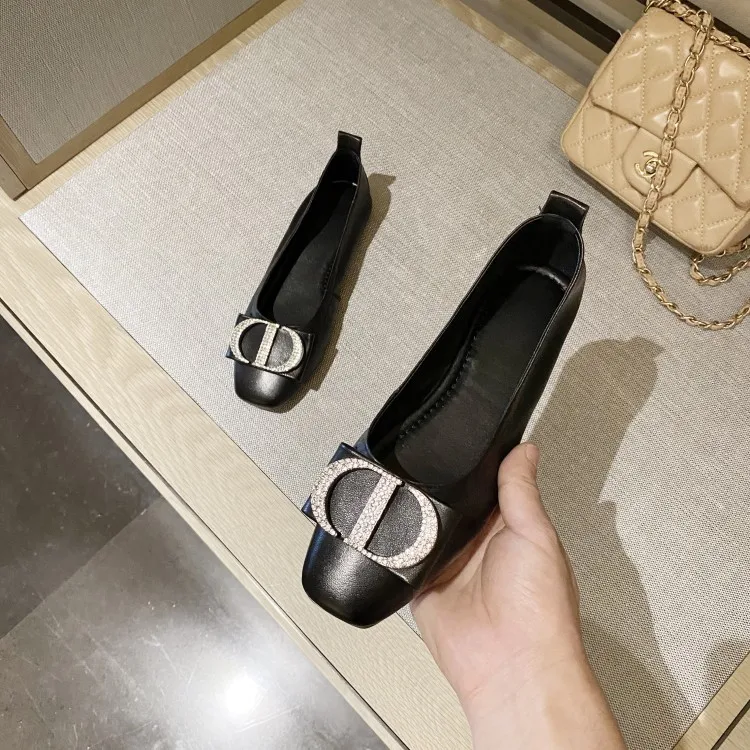 

South Korea Hot Selling WOMEN'S Shoes 2020 Spring Graceful Genuine Leather Soft Bottom Metal Buckle Square Head Shoes WOMEN'S Sh