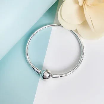 

Authentic 925 Sterling Silver Pan Bracelet Classic Snake Bone Classic Platinum Button Base Chain Fit Charm Women Jewelry