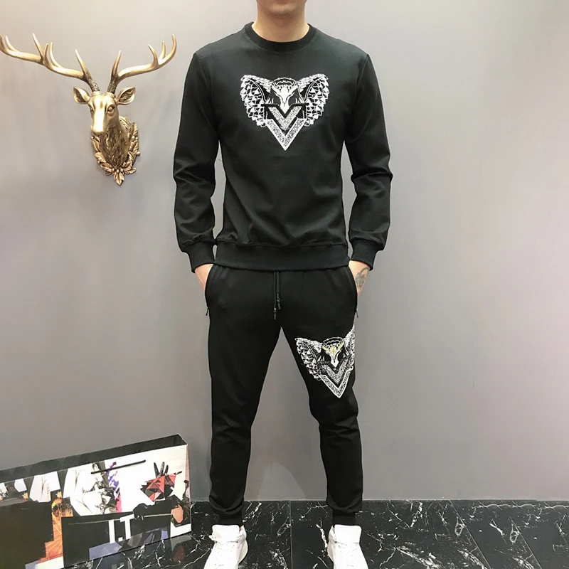 fashion black men set embroidery Eagle head man tracksuit white 2 piece suit mouth sportswear women track | Мужская одежда