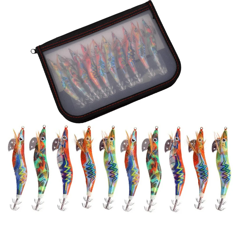 

10Pcs/Bag 12g-14g Luminous Squid jigs bait Bright laser Wood Shrimp lures hooks Saltwater Artificial bait with bag