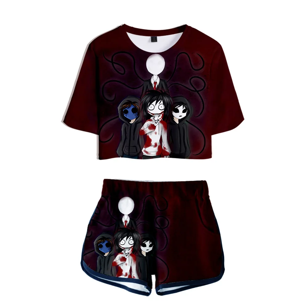 Creepypasta 3d Print Two Piece Set Short Sleeve Crop Top + Shorts Tracksuits Women Outfits Summer Girl Sets | Мужская одежда