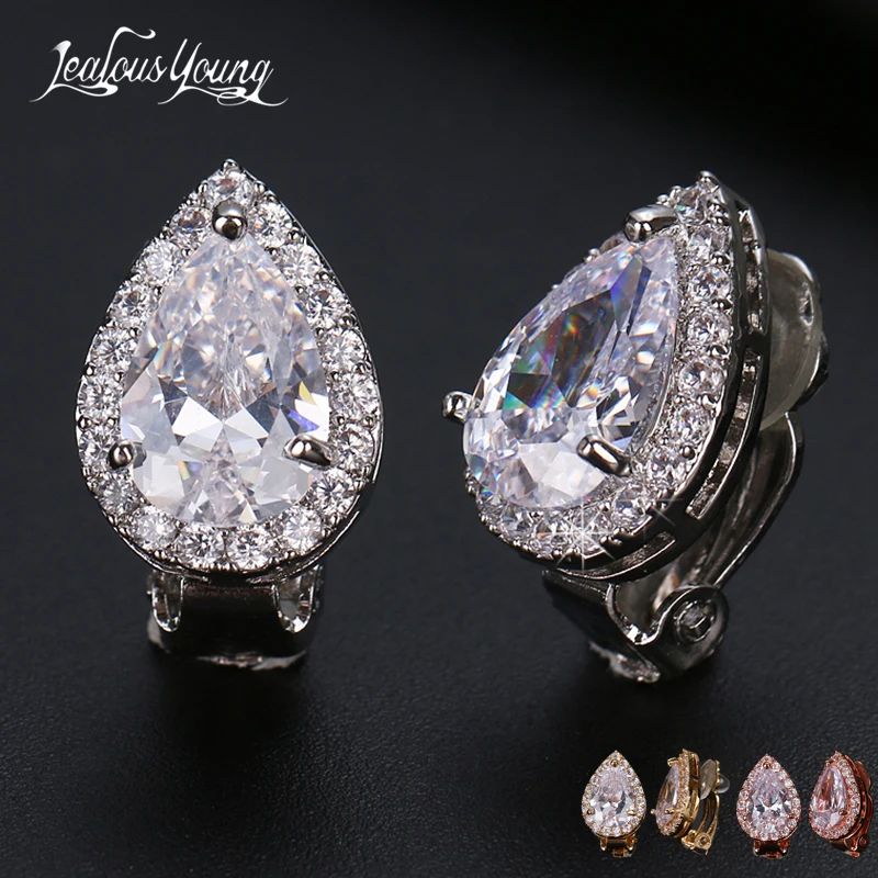 Pendientes con Clip de circonio cúbico de pera para mujer, Aretes brillantes de cristal blanco dorado, arete de oreja, Aretes de boda, joyería