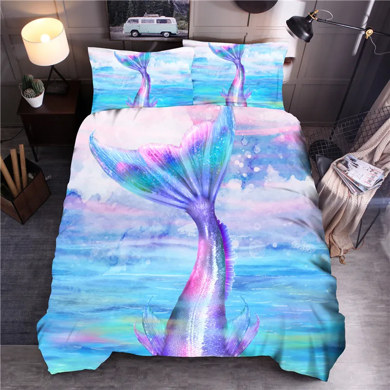 

Ocean Style Mermaid Printed Bedding Set Blue Duvet Cover Sets Queen King Quilt Cover Bed Linen