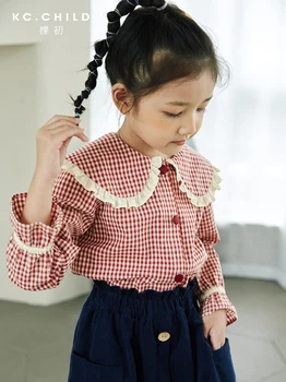 

KC.CHild Girls Shirt Kids Blouse Babys Tops with Red Plaid Small Ruffles Collor Sweet Style Top for Autumn Skin-friendly Age2-10