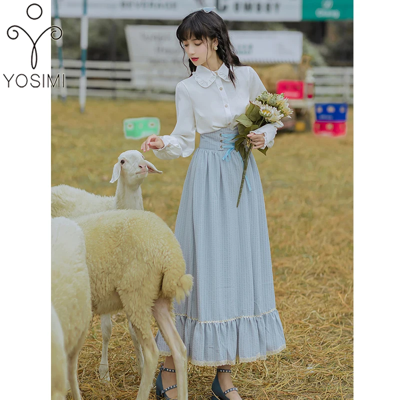 

YOSIMI Women Two Piece Outfits 2020 Autumn White Cotton Shirt Long Sleeve Top and Blue Skirt Set Preppy Style Sweet 2 Piece Sets