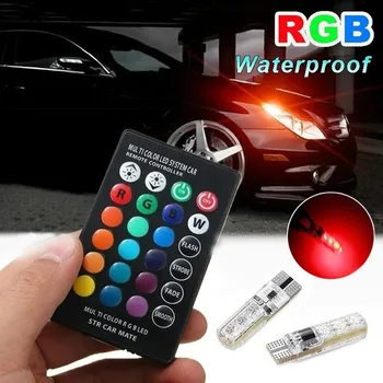 

2PCS 7 Color Waterproof Strobe Light T10 RGB 5050 6SMD Car Wedge Side LED Light Bulb with LED Remote Control (NO Battery)