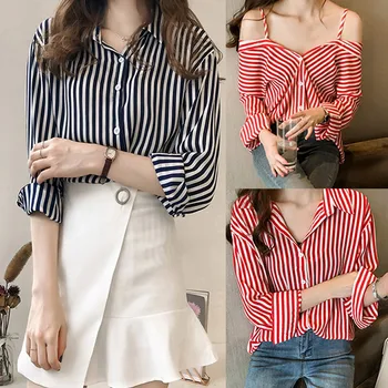 

Fashion Women Top Lady Stripe Button Long Sleeve Casual Loose Blouse Shirt Button Office Lady Shirts Loose Top Blouse#45