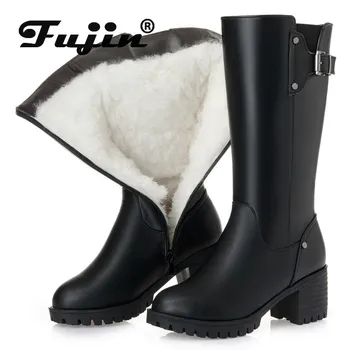 

Fujin Snow Boots Wool Women Fashion Fur Warm Shoes Flat Bottom Genuine Leather Plush High Heel Boots Platform Women Winter Boots
